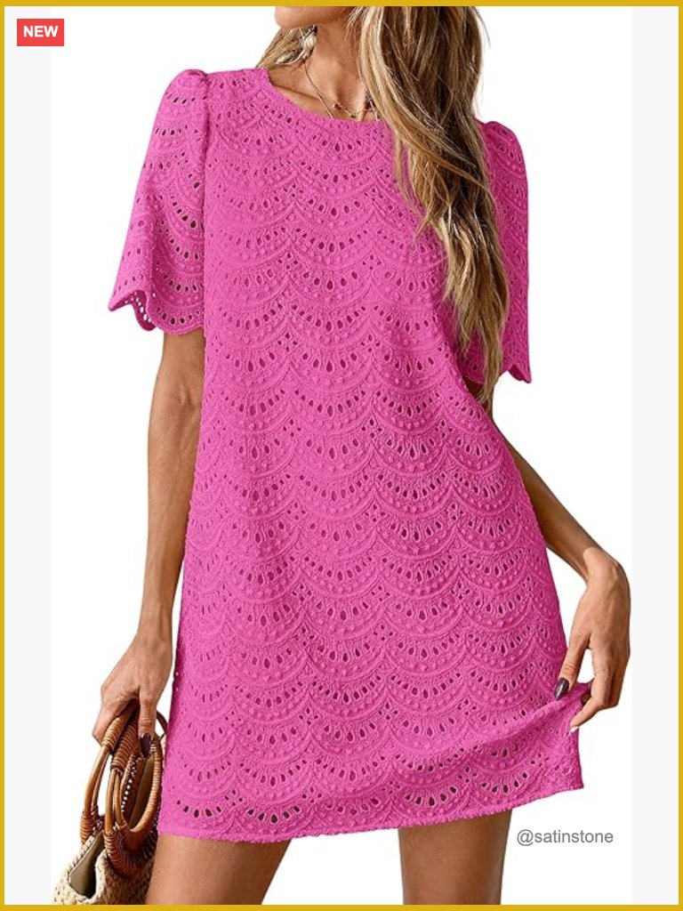 Embroidered Lace Short Sleeve Mini Shift Dress Bohemian Beach Vacation